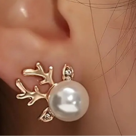 REINDEER‎ ANTLERS Christmas Pearl & Rhinestone Silver Tone Holiday Earrings NEW - Picture 8 of 8